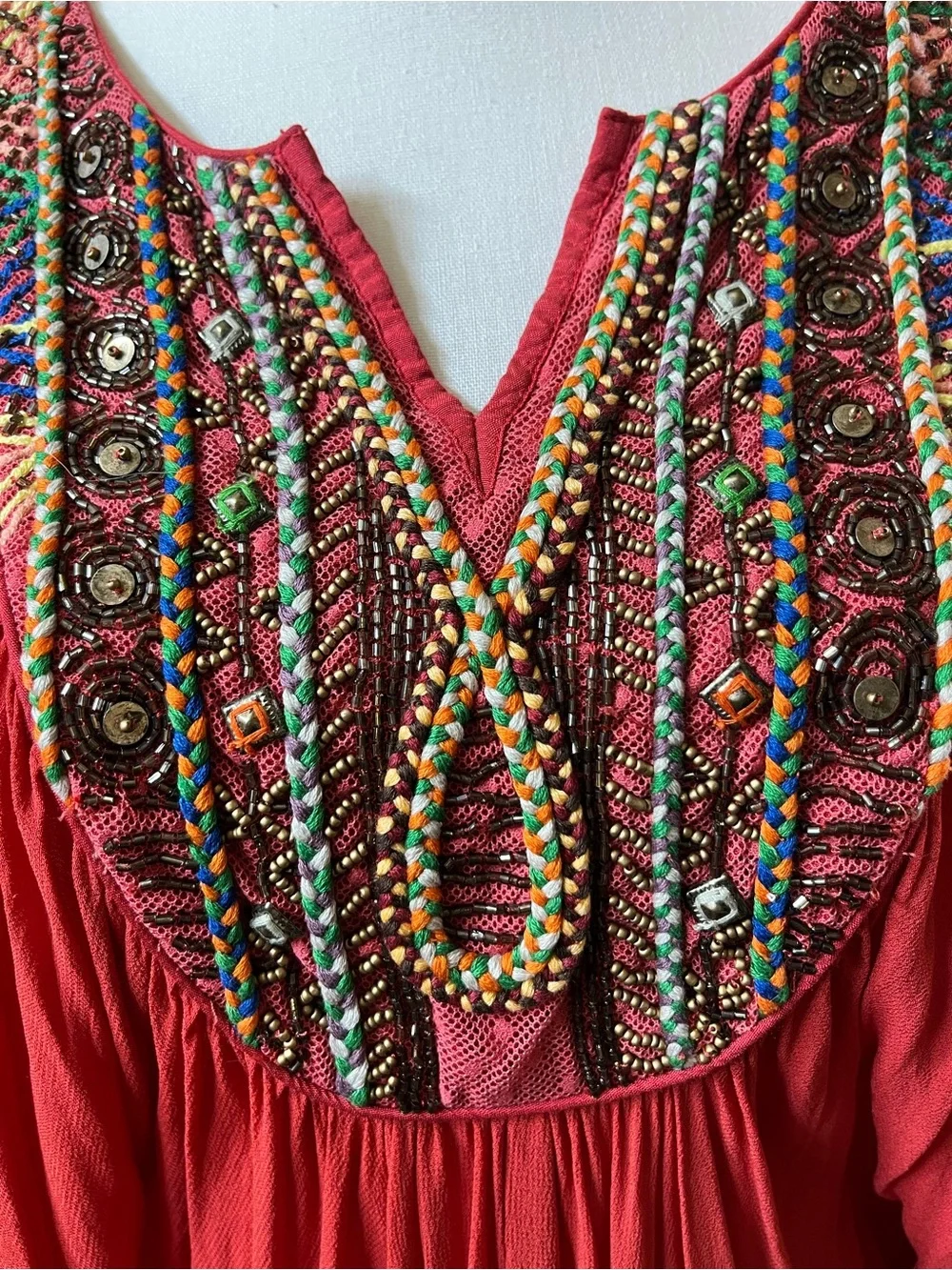 Free People Fortune Teller Tunic Top Red Beaded Embroidered Boho Caftan